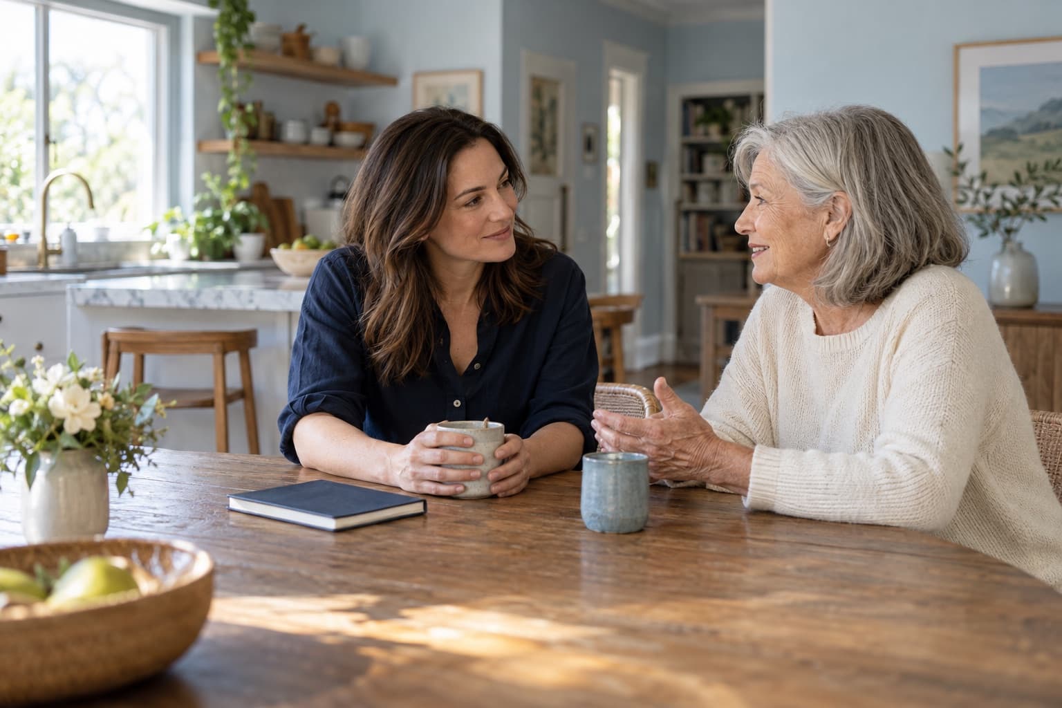 An adult daughter and her mother talking at a kitchen table